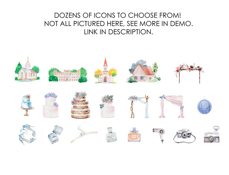 May include: A collection of watercolor illustrations featuring wedding-themed icons. The icons include a church, a cake, a bouquet, a hair dryer, a camera, a pair of shoes, a bottle of perfume, a hanger, a cake, a house, and a floral archway.