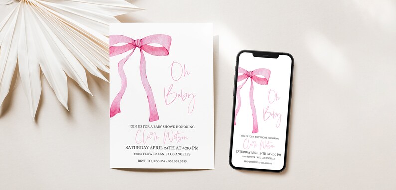 Plantilla de invitación para baby shower con moño coqueto, invitación ...