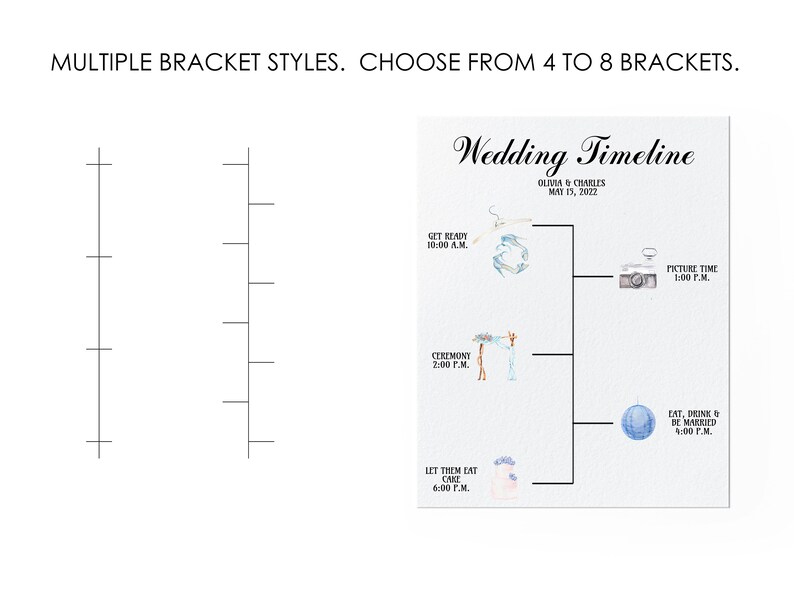 May include: A wedding timeline with a blue and white watercolor background. The timeline includes the following events: Get Ready, Ceremony, Picture Time, Eat, Drink & Be Married, and Let Them Eat Cake. The events are listed in chronological order with the corresponding times.