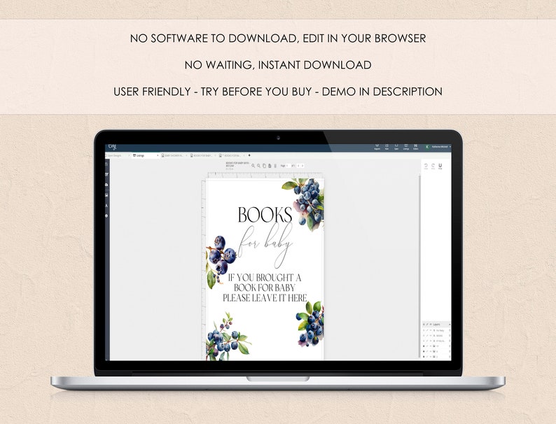 K&ouml;nnte beinhalten: Ein Laptop zeigt ein digitales Schild mit dem Text &bdquo;BOOKS for baby&ldquo;. Das Schild zeigt Aquarellillustrationen von Blaubeeren und Gr&uuml;n. Der Text &bdquo;IF YOU BROUGHT A BOOK FOR BABY PLEASE LEAVE IT HERE&ldquo; ist ebenfalls enthalten.