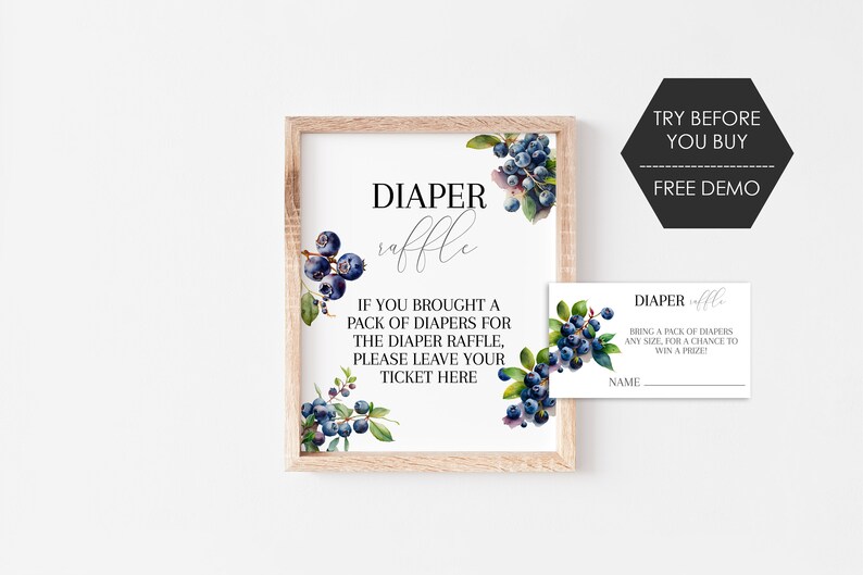 K&ouml;nnte beinhalten: Ein gerahmtes Schild und eine passende Karte f&uuml;r eine Windelverlosung, mit Aquarellillustrationen von Blaubeeren und Gr&uuml;nzeug. Das Schild tr&auml;gt die Aufschrift "DIAPER raffle" und enth&auml;lt Anweisungen. Ein schwarzes Sechseck mit wei&szlig;em Text sagt "TRY BEFORE YOU BUY FREE DEMO."