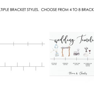 May include: A light blue wedding timeline printable with watercolor illustrations of a wedding arch, camera, wine glass, and cake. The timeline includes the following events: Get Ready, Ceremony, Picture Time, Eat, Drink & Be Married, and Cake Cutting. The text "Olivia & Charles" is at the bottom of the timeline.