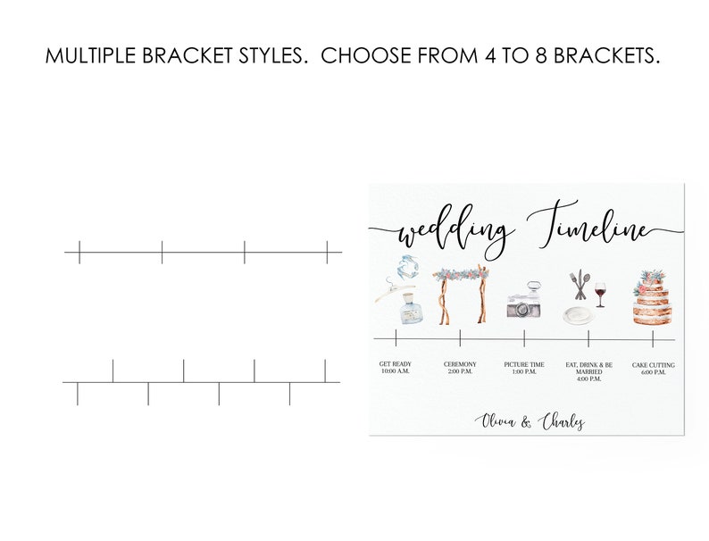May include: A light blue wedding timeline printable with watercolor illustrations of a wedding arch, camera, wine glass, and cake. The timeline includes the following events: Get Ready, Ceremony, Picture Time, Eat, Drink & Be Married, and Cake Cutting. The text "Olivia & Charles" is at the bottom of the timeline.