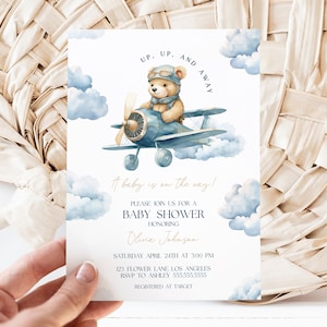 Modello di invito per baby shower con orsetto di peluche vintage, invito per baby shower con nuvole di aeroplano blu per bambini, download immediato modificabile, MS1389
