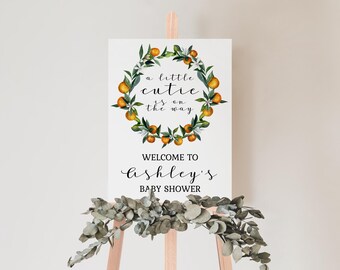 Little Cutie ist auf dem Weg-Baby-Dusche, Orange-Baby-Dusche-Willkommens-Schild, Citrus Themen, bearbeitbare Sofort Download, BAB002