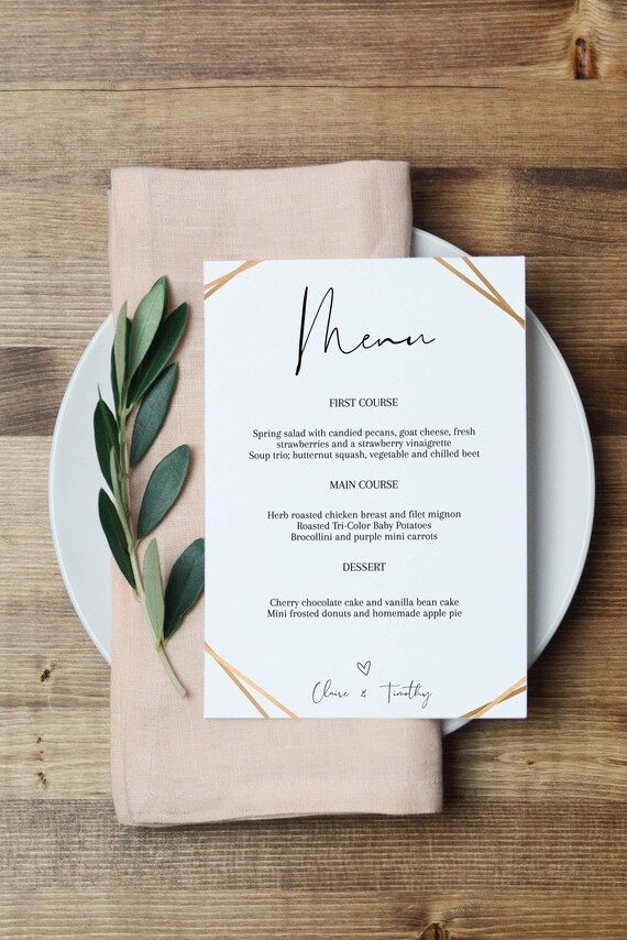 Wedding Menu Printable Gold Wedding Menu Template Printable | Etsy