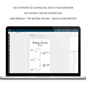 May include: A laptop screen displaying a wedding timeline template with a blue and white color scheme. The template is titled "Wedding Timeline" and features icons representing different wedding events. The text "NO SOFTWARE TO DOWNLOAD, EDIT IN YOUR BROWSER" is displayed above the laptop screen.