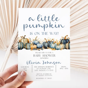 Baby Shower con la pequeña calabaza en camino, invitación de otoño, invitación de baby shower con calabaza, bebé niño, descarga instantánea editable MS1375