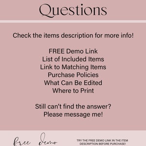 K&ouml;nnte beinhalten: Eine digitale Grafik mit dem Wort "Questions" in eleganter Schrift. Darunter eine Liste von Themen, darunter ein kostenloser Demo-Link, enthaltene Artikel und Kaufrichtlinien. Der Hintergrund ist ein weiches, ged&auml;mpftes Rosa.