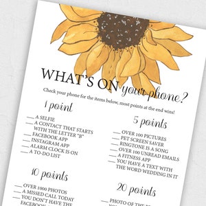 Sunflower Theme Bridal Shower, What&#39;s On Your Phone Bridal Shower Game, Printable Bridal Shower Games, Fun Bridal Shower Games Download