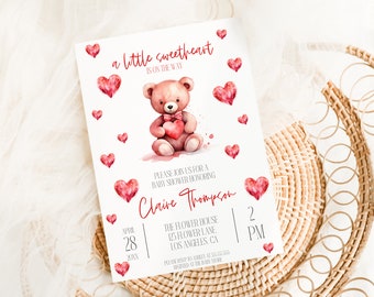 Valentines Baby Shower Invitation Template, Red Hearts Little Sweetheart is on the Way February Baby Shower Editable Instant Download MS1386