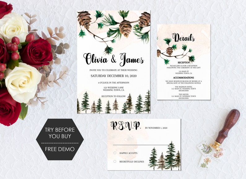 Wedding Invite Winter Pine Tree Wedding Invitation Pine Cone - Etsy