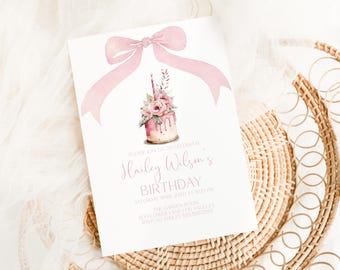 Modello di invito con fiocco, inviti digitali rosa per feste di compleanno per bambine, modello di invito per couvette, MS1423