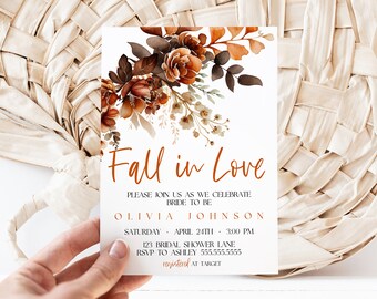 Herbst Brautdusche Einladung, Bearbeitbarer Herbst in Liebe einladen, Boho Braut Brunch, Gebrannte Orange Blumen Vorlage Sofortiger Download, MS1362