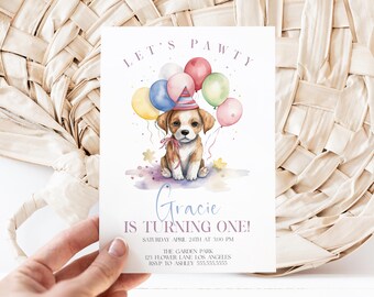 Plantilla de invitación para cumpleaños de perro, invitación de cumpleaños de cachorro, invitación de animales, tema de fiesta de cumpleaños de perro, descarga instantánea editable, MS1416