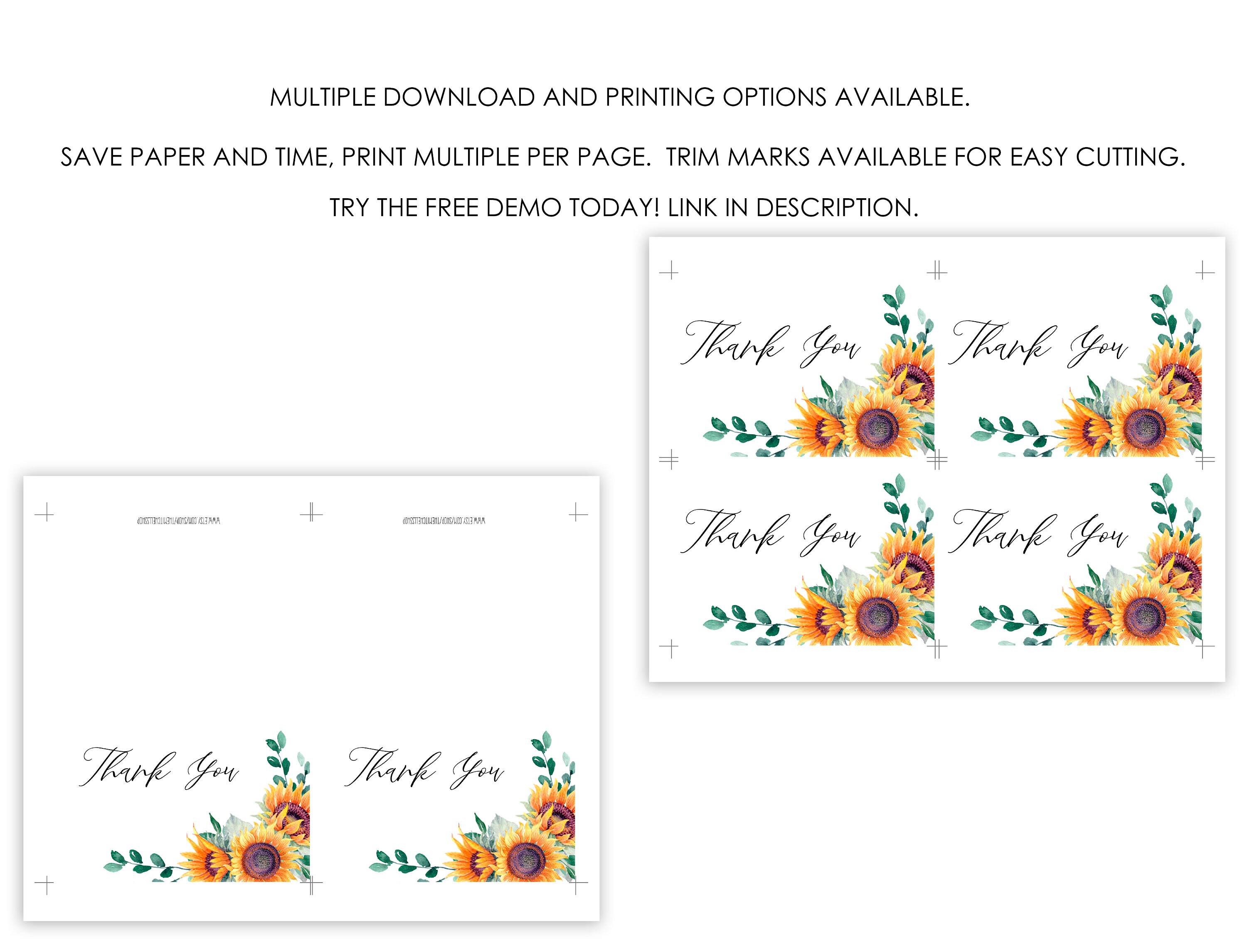 Sunflower Thank You Card Template, Sunflower Wedding Thank You ...