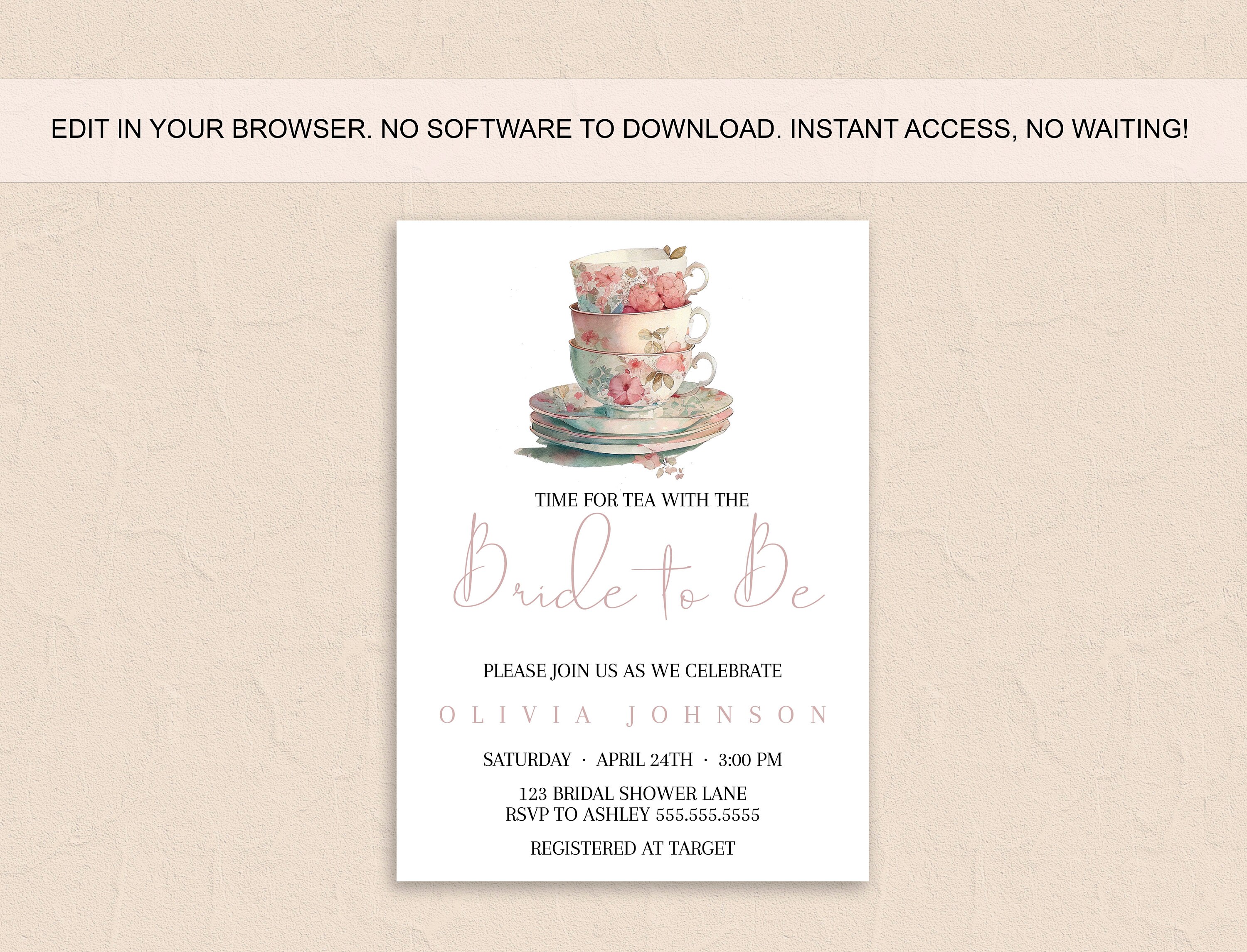Tea Party Bridal Shower Invitation Template, Boho Bridal Shower Invite, Bridal Shower Tea ...