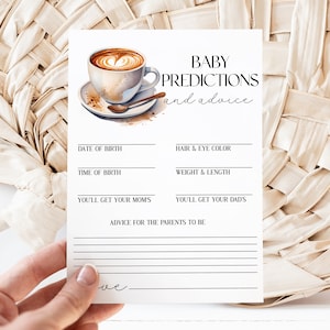 Baby is Brewing Games, koffiethema babyshower gamekaartsjabloon, voorspellingen en advies voor ouders afdrukbaar, herfst babyshower MS1280