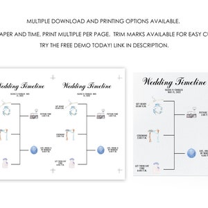 May include: A printable wedding timeline template with a blue and white watercolor design. The timeline includes the following events: Get Ready, Ceremony, Picture Time, Eat, Drink & Be Married, Let Them Eat Cake.
