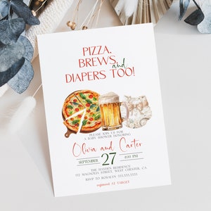 Pizza Brews and Diapers Too, Coed Baby Shower Invitation, Couples Baby Shower Invite, Italian Pizza & Beer, Editable Instant Download MS1384