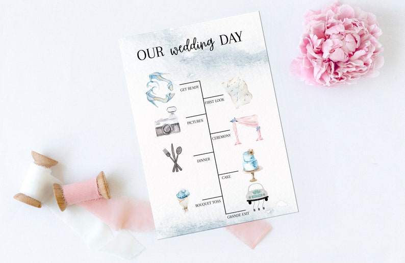 May include: A printable wedding day timeline checklist with watercolor illustrations. The checklist includes getting ready, first look, pictures, ceremony, dinner, cake, bouquet toss, and grand exit.