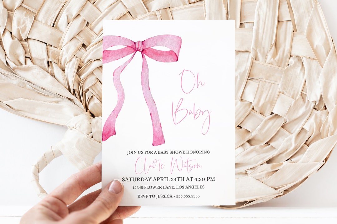 Plantilla de invitación para baby shower con moño coqueto, invitación ...