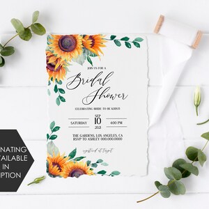 May include: A white invitation with a watercolor design of sunflowers and greenery. The text reads "Join us for a Bridal Shower celebrating Bride-to-be Kristi. Saturday, September 10, 2021, 4:00 PM. The Gardens, Los Angeles, CA. RSVP to Ashley 000.000.0000. Registered at Target."