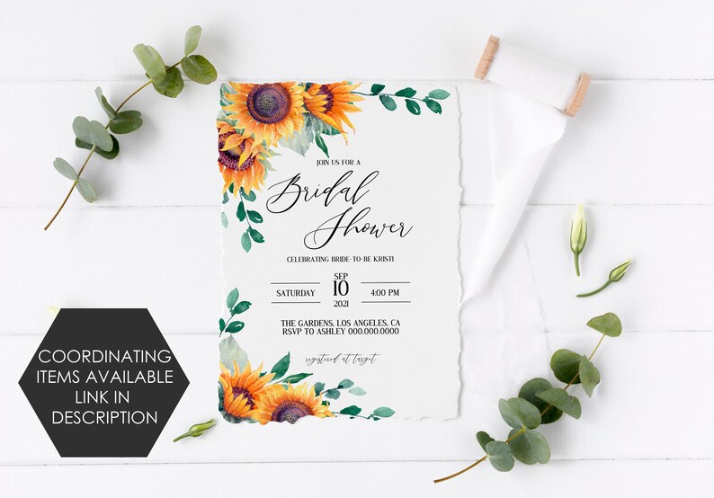 May include: A white invitation with a watercolor design of sunflowers and greenery. The text reads "Join us for a Bridal Shower celebrating Bride-to-be Kristi. Saturday, September 10, 2021, 4:00 PM. The Gardens, Los Angeles, CA. RSVP to Ashley 000.000.0000. Registered at Target."