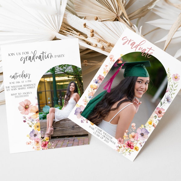 Wildflower Grad Party Invite, Boho Graduation Announcement Flowers, Floral Graduation Invitation, Editable Instant Download, MS1303