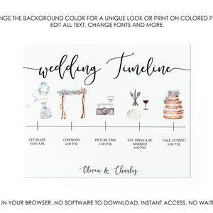 May include: A wedding timeline printable with watercolor illustrations of a wedding ceremony, cake cutting, and other events. The timeline includes the text "wedding Timeline" and "Olivia & Charles".
