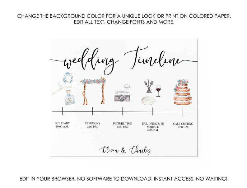 May include: A wedding timeline printable with watercolor illustrations of a wedding ceremony, cake cutting, and other events. The timeline includes the text "wedding Timeline" and "Olivia & Charles".