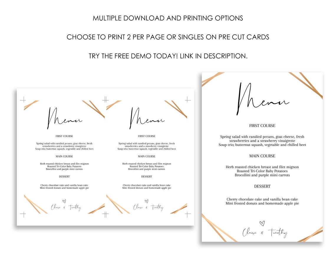 Wedding Menu Printable Gold Wedding Menu Template Printable | Etsy