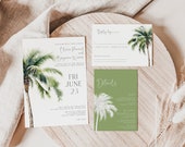 Tropical Wedding Invitation, Destination Wedding Invite Set, Palm Tree Green Beach Invitation, Editable Instant Download, MS1310