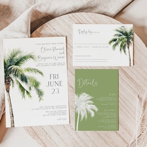 Tropical Wedding Invitation, Destination Wedding Invite Set, Palm Tree Green Beach Invitation, Editable Instant Download, MS1310