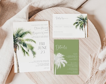Tropical Wedding Invitation, Destination Wedding Invite Set, Palm Tree Green Beach Invitation, Editable Instant Download, MS1310