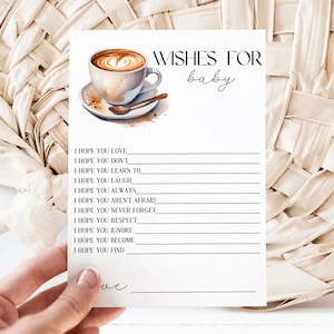 Deseos para bebé, plantilla de tarjeta de juego de baby shower, juego de baby shower imprimible, temática de café, un bebé se está gestando, baby shower de otoño MS1280