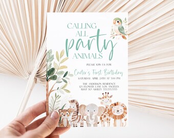 May include: A white invitation card with green and brown watercolor illustrations of animals and plants. The text reads "Calling All Party Animals" and "Carter's First Birthday".