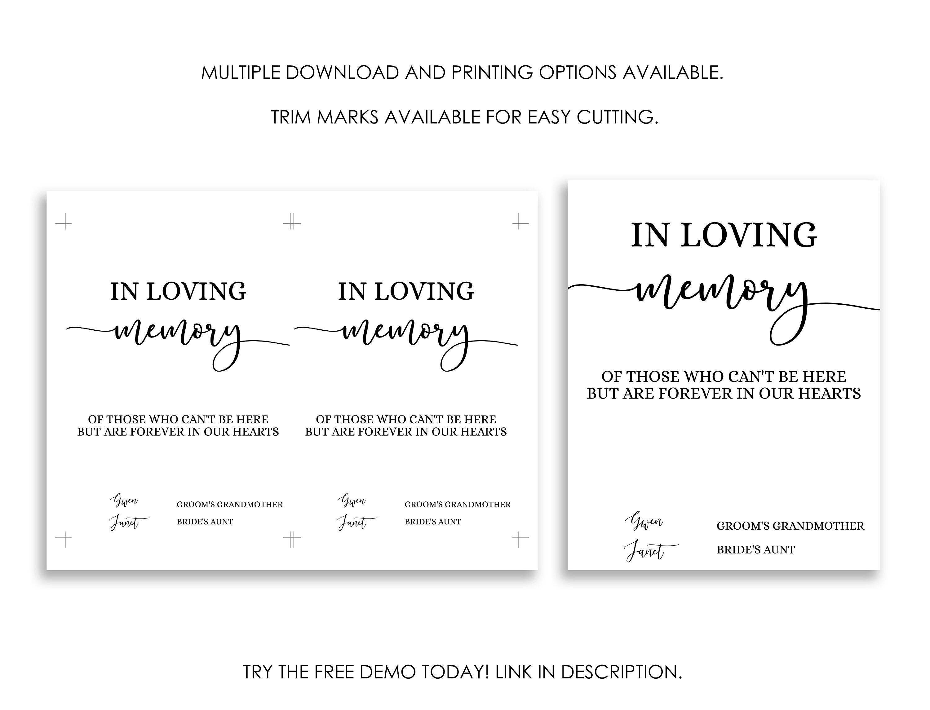 In Loving Memory Wedding Sign Printable Template Remembrance | Etsy