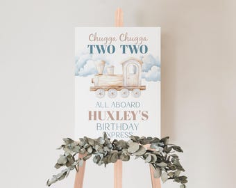 Chugga Chugga Two Two Birthday Welcome Poster, Customizable Train Theme Party Sign, Printable Boy Bday Decor for Kids Party Editable MS1421