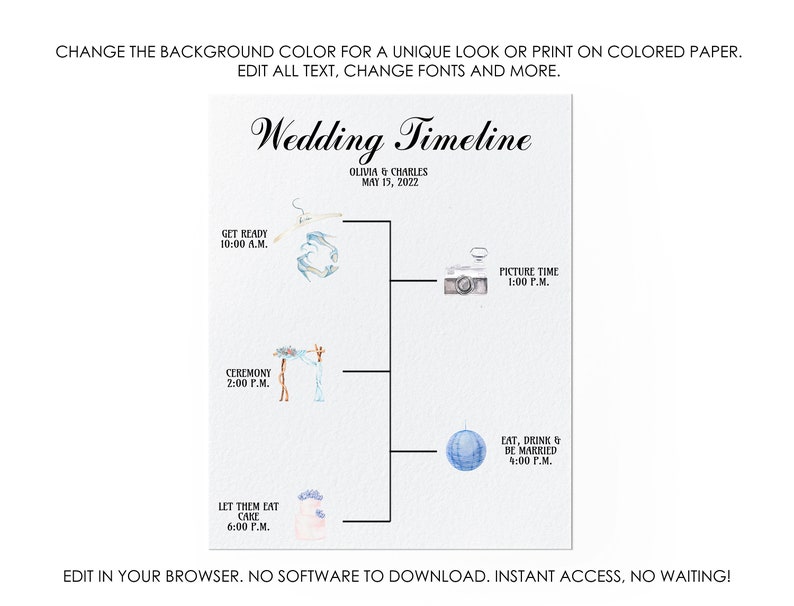 May include: A printable wedding timeline template with watercolor illustrations. The timeline includes the following events: Get Ready, Ceremony, Picture Time, Eat, Drink & Be Married, Let Them Eat Cake. The text reads "Wedding Timeline" with the couple's names and wedding date.