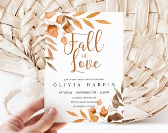 Fall Bridal Shower Invitation Instant Download, Fall in Love Bridal Shower, Autumn Leaves Invitation Template, Editable Online BS012