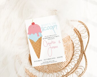 May include: A gender reveal party invitation with an ice cream cone graphic. The text reads "What's the scoop?" and "Please join us for a gender reveal party in honor of Claudia & Jason". The date and time of the party are listed as "Saturday, October 24th - 3:00 PM".