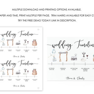 May include: A printable wedding timeline template with watercolor illustrations of a floral arch, camera, wine glass, and cake. The timeline includes the following events: Get Ready, Ceremony, Picture Time, Eat, Drink & Be Married, and Cake Cutting. The text "wedding Timeline" is written in a cursive font. The names "Olivia & Charles" are written at the bottom of the template.