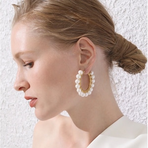 Gold Pearl Hoop Earrings •  Pearl Earring • 18K Gold Plated • Pearl Hoop Earring • Statement Earrings
