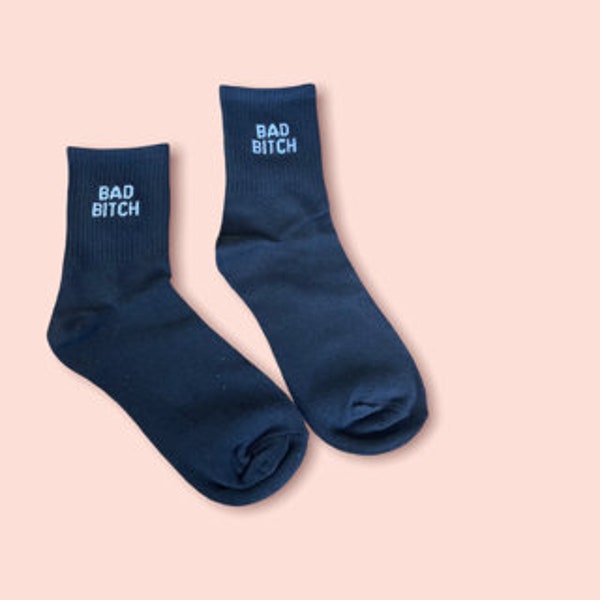 Bad Bitch crew socks, funny socks, black and white, women socks size 6-9