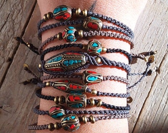 Tibetan bracelet . Buddhist Bracelet. Tibetan jewelry. Coral. Turquese . Nature lover gift. Brass jewelry. Primitive jewelry. macrame art