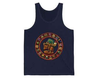 May include: Navy blue tank top featuring a circular design with a Mayan-inspired illustration. The design includes a figure carrying a load, surrounded by glyphs in various colors. The tank top is made of a soft, comfortable material.