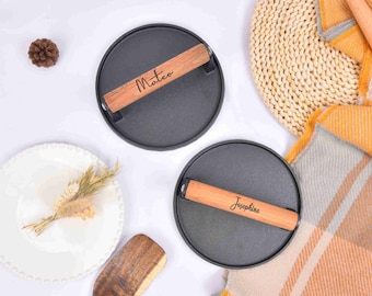 Personalised Wooden Steel Meat Press, Bacon Burger BBQ Accessories, Custom Name Cast Iron Meat Press, Gift For Husband, Boyfriend Gift