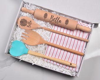 Rustikales Back-Geschenk-Set | Personalisierte Holz Nudelholz & Spachtel | Geschenk für Oma | Familie Küchenutensilien | Neue Zuhause Geschenke