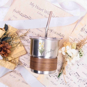 Personalized Stainless Steel Coffee Cup, Birth Month Flower Travel Coffee Cup, Reusable Coffee Mug with Straw, Mother’ s Day Gifts